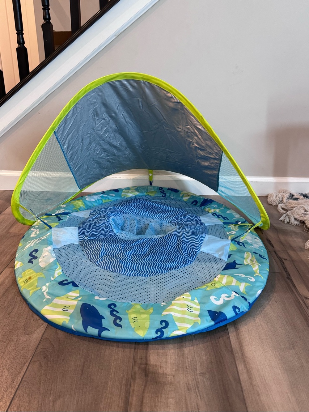 Blue & Green Baby Splash Mat with Sunshade Canopy